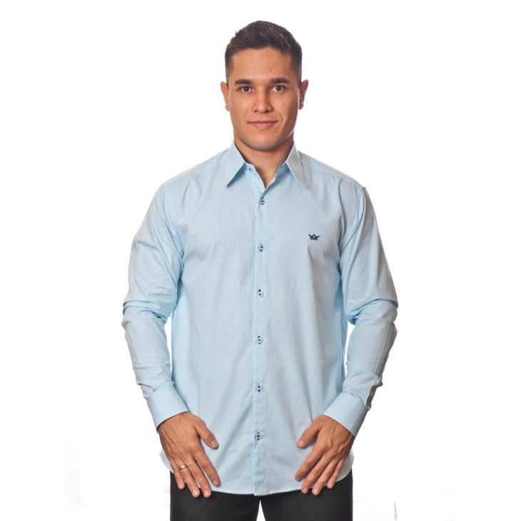 Camisa social azul claro masculina manga longa de algodão