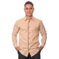 Camisa social bege masculina manga longa de algodão com detalhe