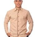 Camisa social bege masculina manga longa de algodão com detalhe
