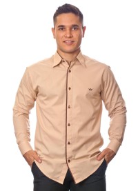 Camisa social bege masculina manga longa de algodão com detalhe