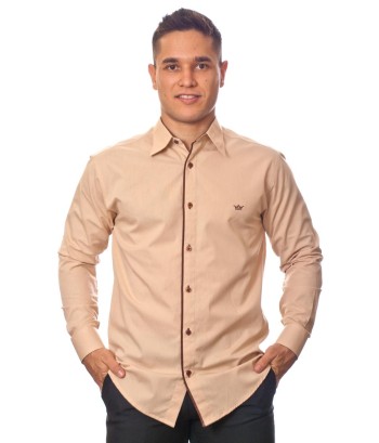 Camisa social bege masculina manga longa de algodão com detalhe