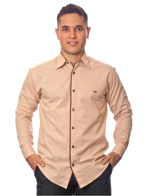 Camisa social bege masculina manga longa de algodão com detalhe