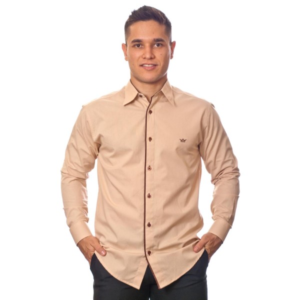 Camisa social bege masculina manga longa de algodão com detalhe