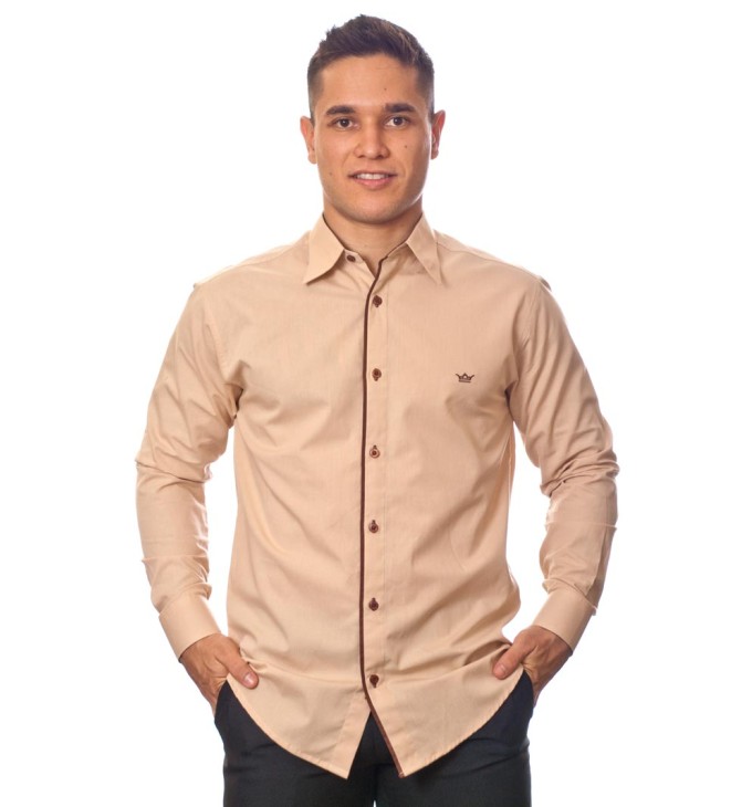 Camisa social bege masculina manga longa de algodão com detalhe
