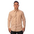 Camisa social bege masculina manga longa de algodão com detalhe