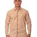 Camisa social bege masculina manga longa de algodão com detalhe