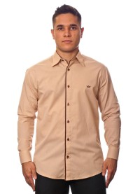Camisa social bege masculina manga longa de algodão com detalhe