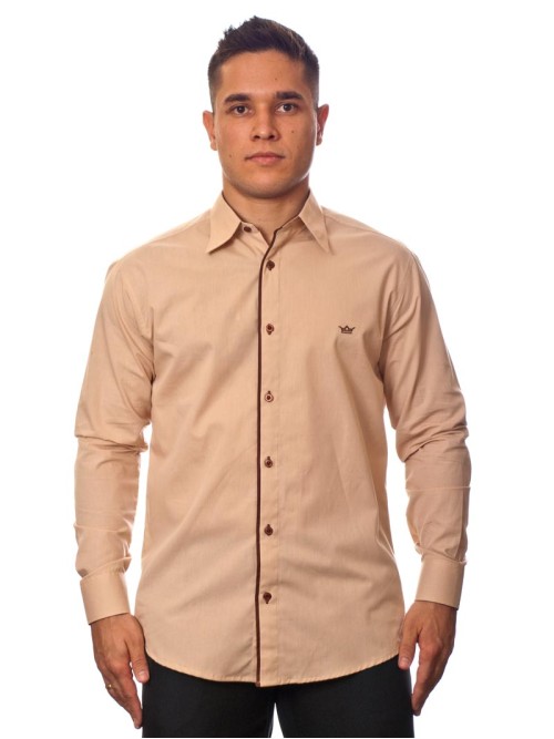 Camisa social bege masculina manga longa de algodão com detalhe