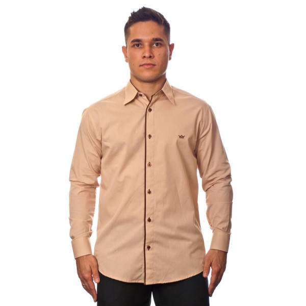 Camisa social bege masculina manga longa de algodão com detalhe