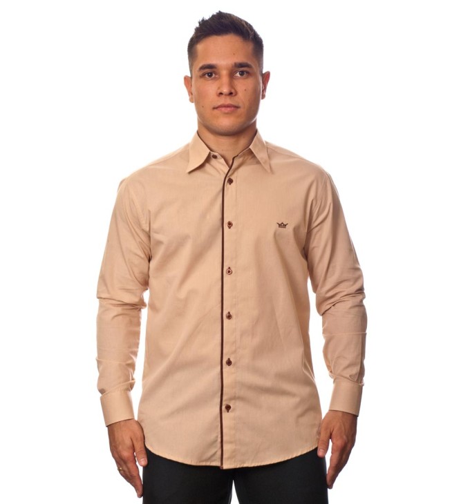 Camisa social bege masculina manga longa de algodão com detalhe