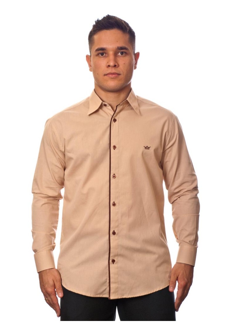 Camisa social bege masculina manga longa de algodão com detalhe