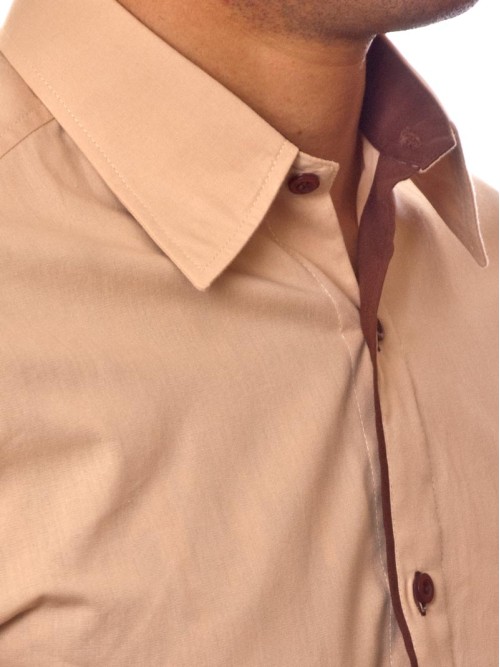 Camisa social bege masculina manga longa de algodão com detalhe Camisa social bege masculina manga longa de algodão com detalhe