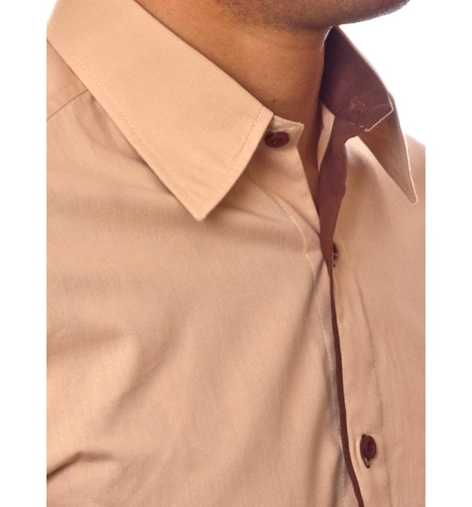 Camisa social bege masculina manga longa de algodão com detalhe