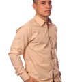 Camisa social bege masculina manga longa de algodão com detalhe