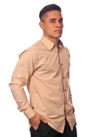 Camisa social bege masculina manga longa de algodão com detalhe