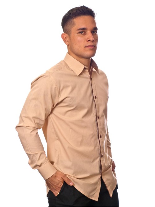 Camisa social bege masculina manga longa de algodão com detalhe