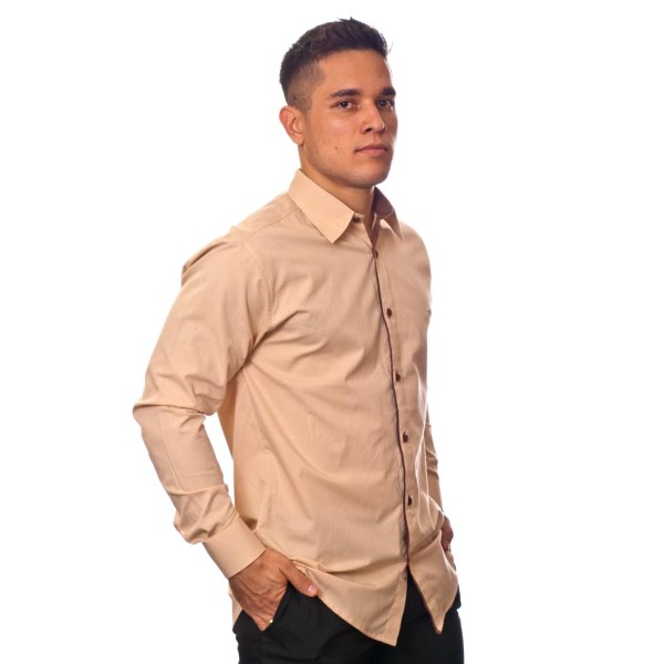 Camisa social bege masculina manga longa de algodão com detalhe
