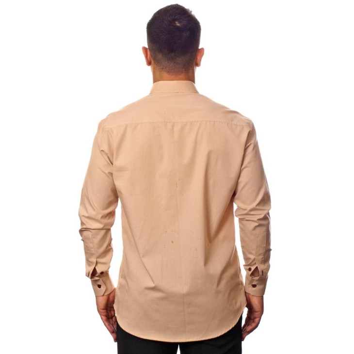 Camisa social bege masculina manga longa de algodão com detalhe