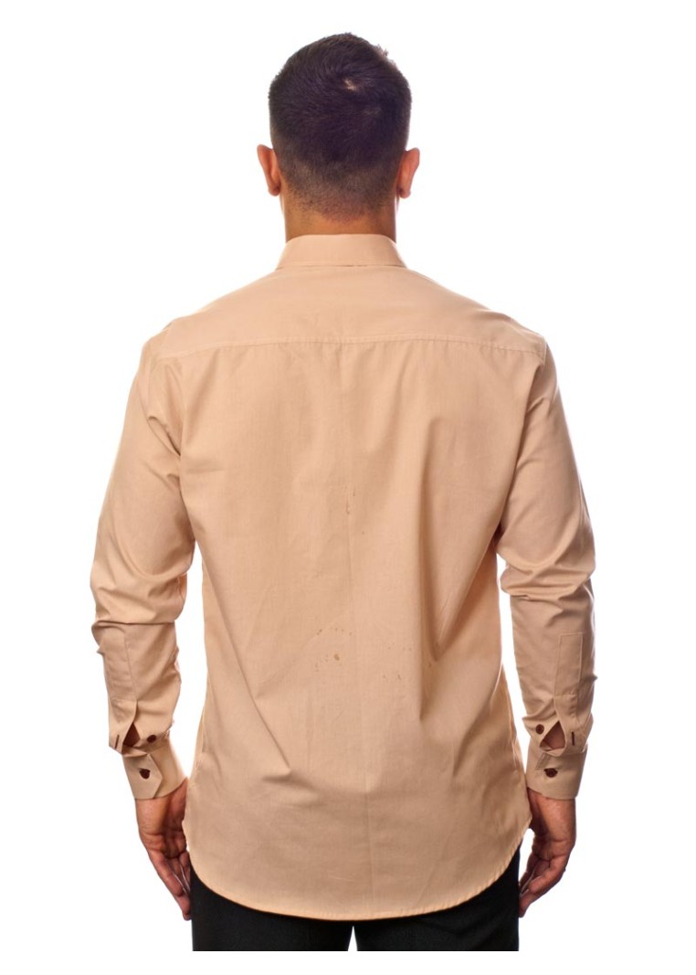 Camisa social bege masculina manga longa de algodão com detalhe