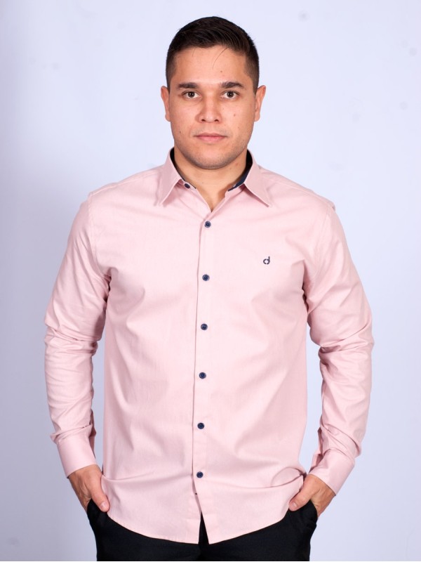 Camisa masculina salmão com detalhes de manga longa de algodão