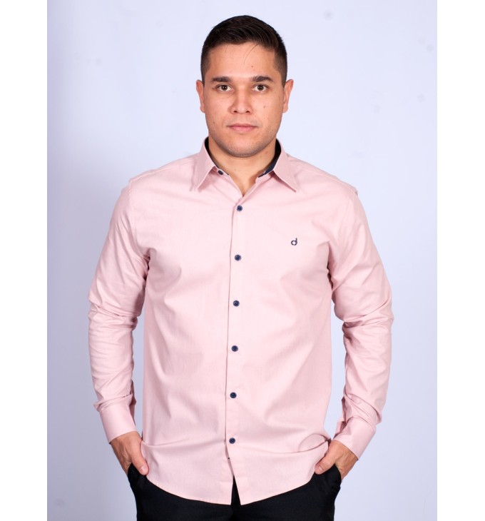 Camisa masculina salmão com detalhes de manga longa de algodão Camisa masculina salmão com detalhes de manga longa de algodão