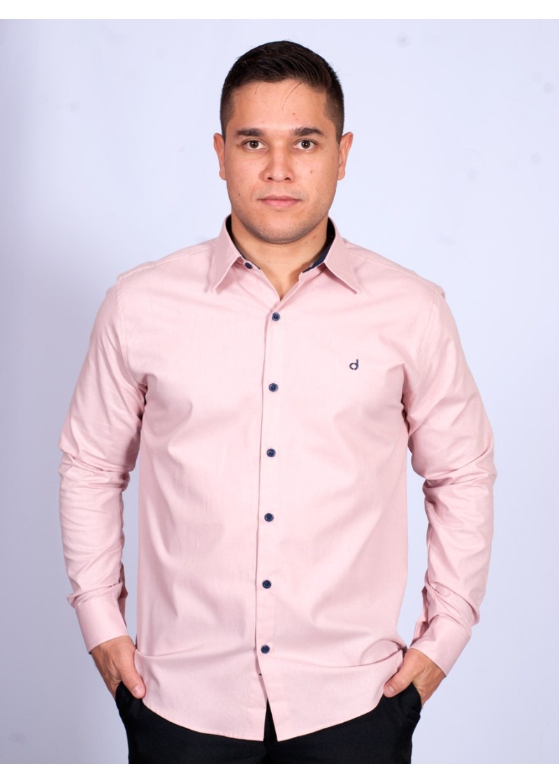 Camisa masculina salmão com detalhes de manga longa de algodão