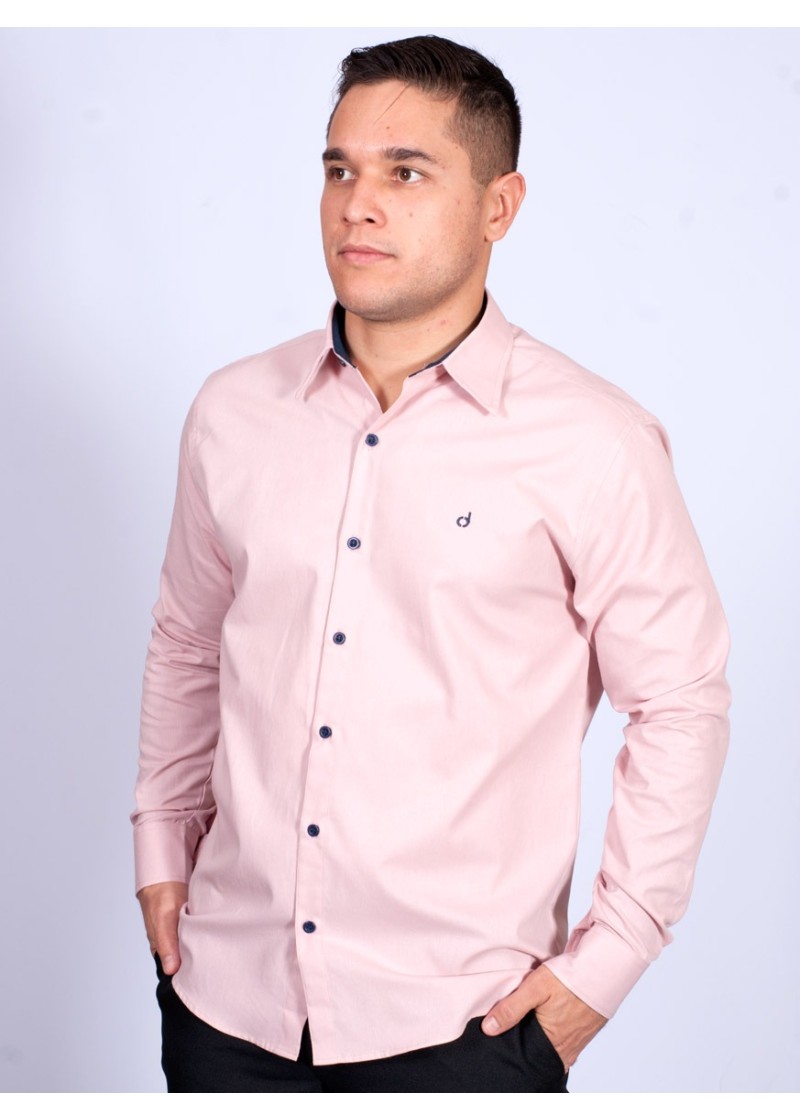 Camisa masculina salmão com detalhes de manga longa de algodão