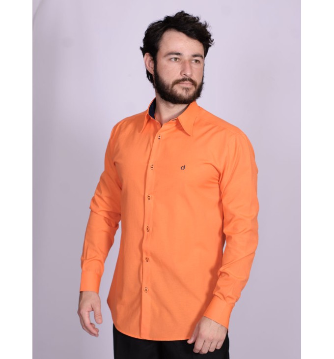 Camisa social laranja masculina manga longa de tricoline Camisa social laranja masculina manga longa de tricoline