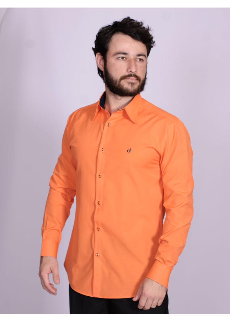 Camisa social laranja masculina manga longa de tricoline