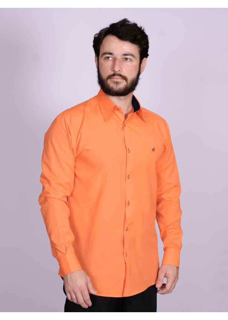 Camisa social laranja masculina manga longa de tricoline