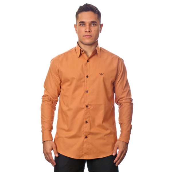 Camisa social ferrugem masculina manga longa de algodão com detalhe
