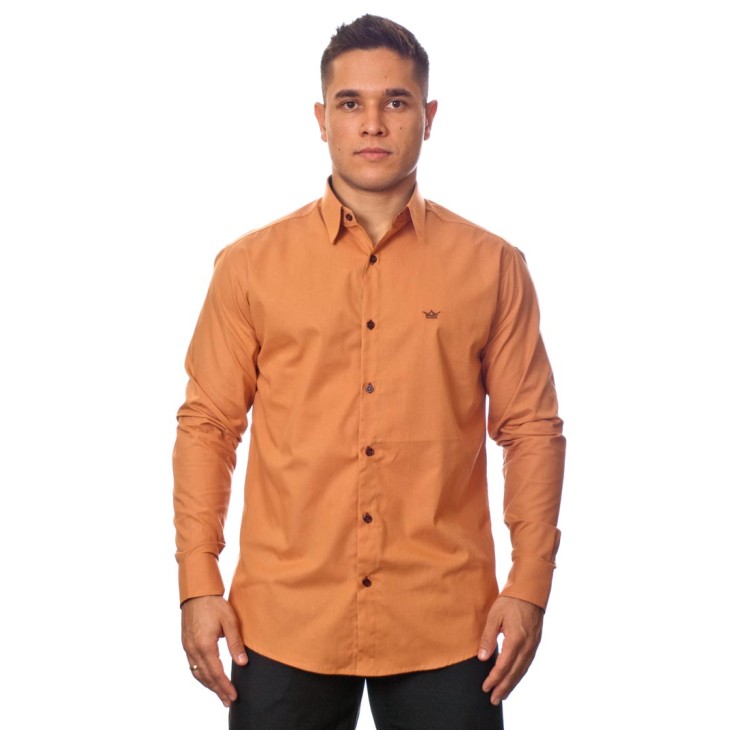 Camisa social ferrugem masculina manga longa de algodão com detalhe