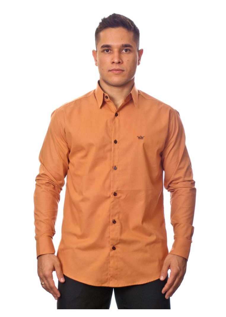 Camisa social ferrugem masculina manga longa de algodão com detalhe