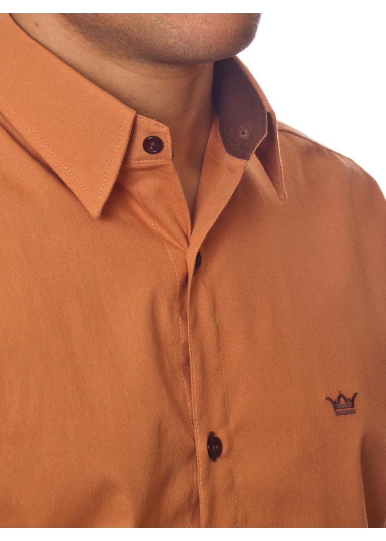 Camisa social ferrugem masculina manga longa de algodão com detalhe