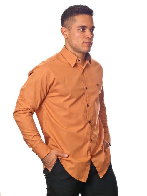 Camisa social ferrugem masculina manga longa de algodão com detalhe