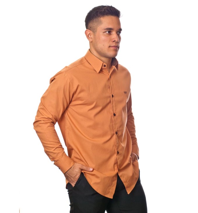 Camisa social ferrugem masculina manga longa de algodão com detalhe Camisa social ferrugem masculina manga longa de algodão com detalhe