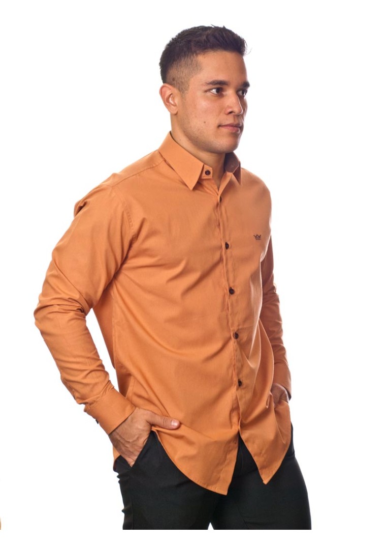Camisa social ferrugem masculina manga longa de algodão com detalhe