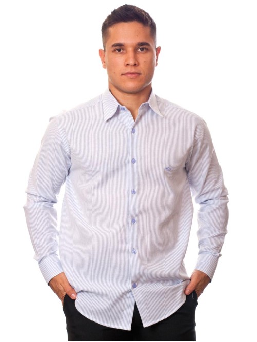 Camisa social listrada lilás masculina manga longa de algodão