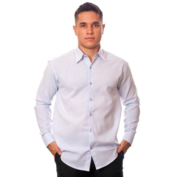 Camisa social listrada lilás masculina manga longa de algodão