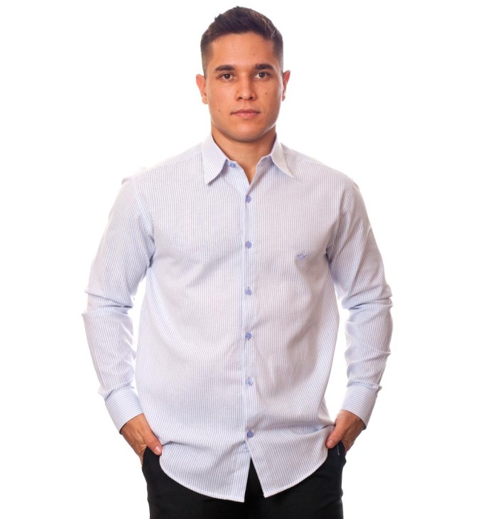 Camisa social listrada lilás masculina manga longa de algodão Camisa social listrada lilás masculina manga longa de algodão