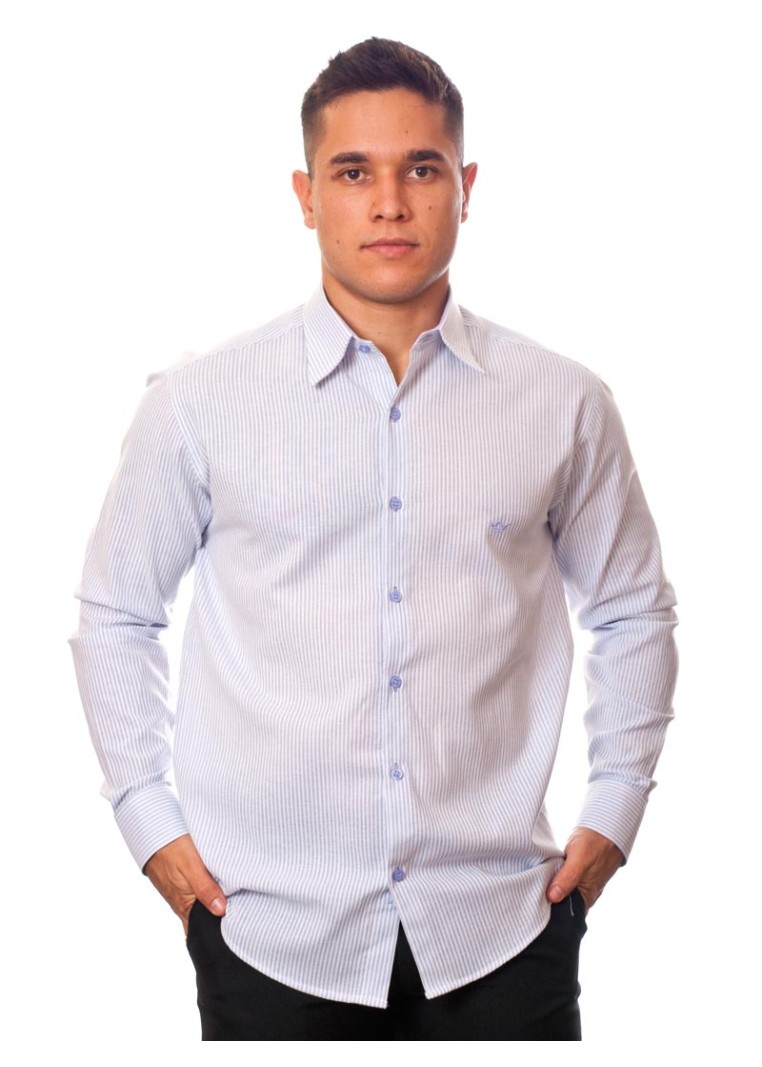 Camisa social listrada lilás masculina manga longa de algodão