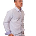 Camisa social listrada lilás masculina manga longa de algodão