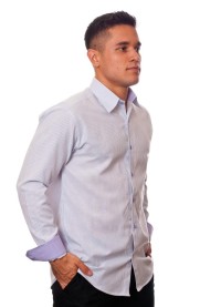 Camisa social listrada lilás masculina manga longa de algodão