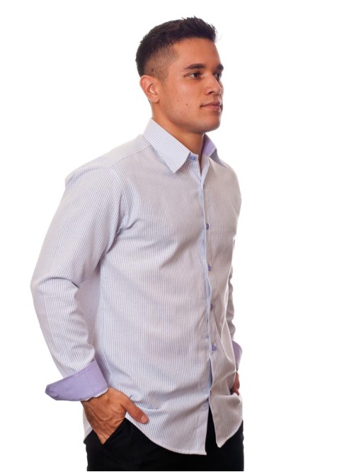 Camisa social listrada lilás masculina manga longa de algodão