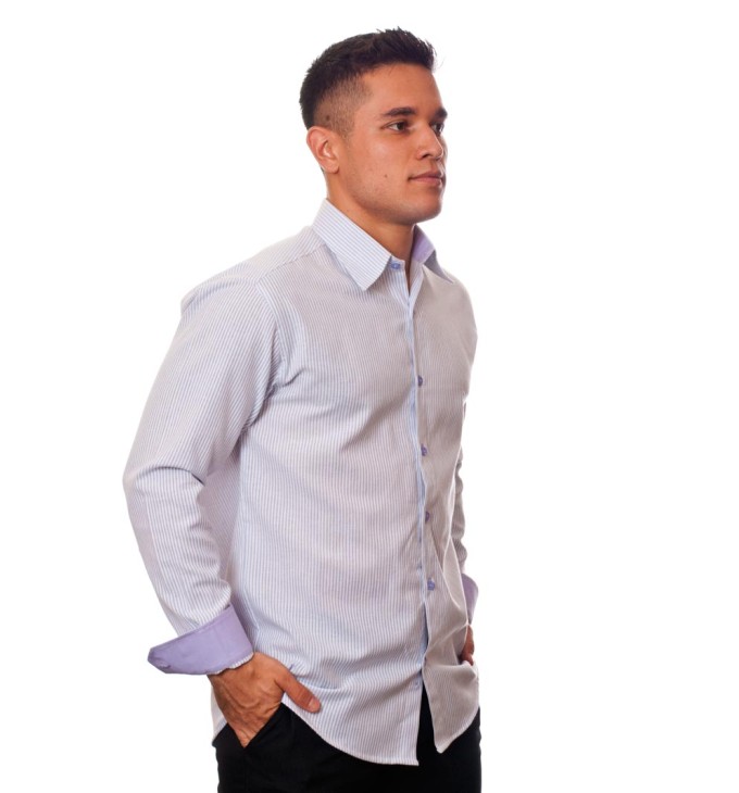 Camisa social listrada lilás masculina manga longa de algodão Camisa social listrada lilás masculina manga longa de algodão