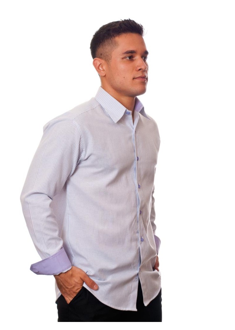 Camisa social listrada lilás masculina manga longa de algodão