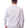Camisa social listrada lilás masculina manga longa de algodão