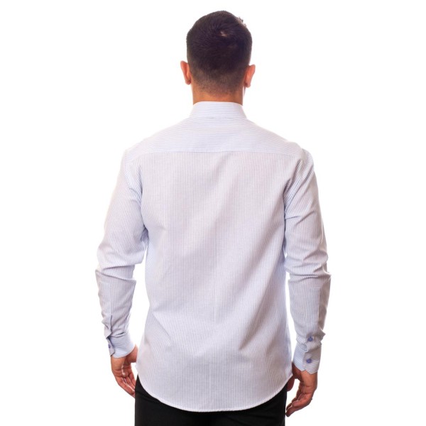 Camisa social listrada lilás masculina manga longa de algodão