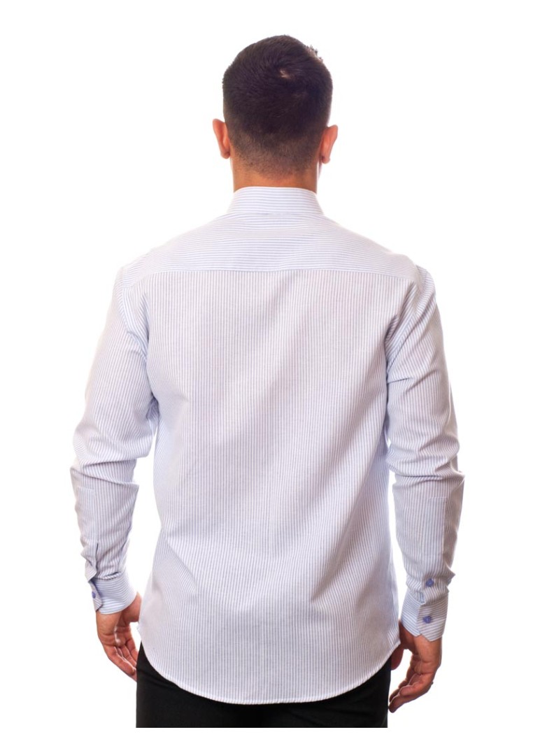 Camisa social listrada lilás masculina manga longa de algodão