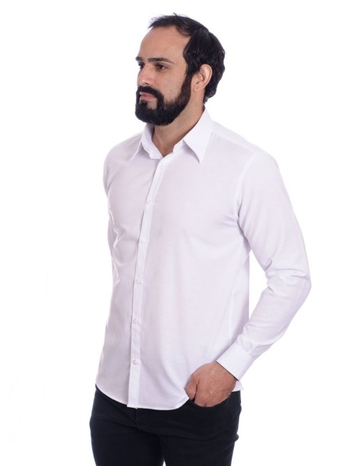 Camisa social branca masculina de microfibra manga longa